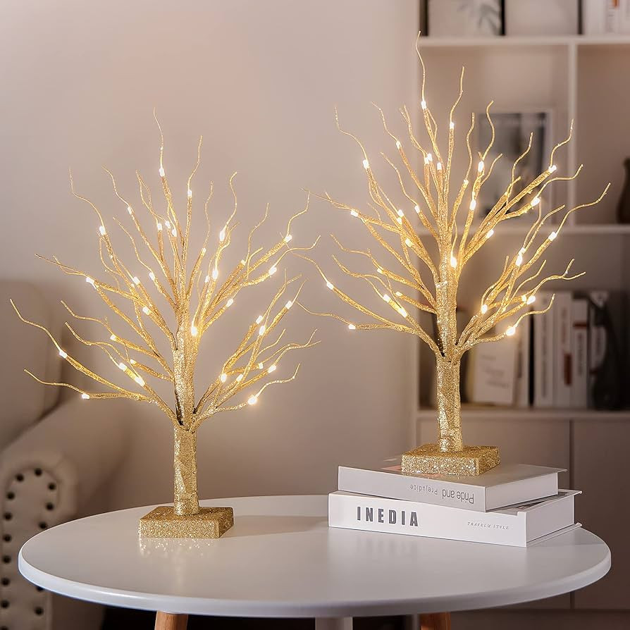 Brightdeco Set of 2 Lighted Gold Glitter Birch Tree 36LT LED Wedding Centerpieces Artificial Bran... | Amazon (US)