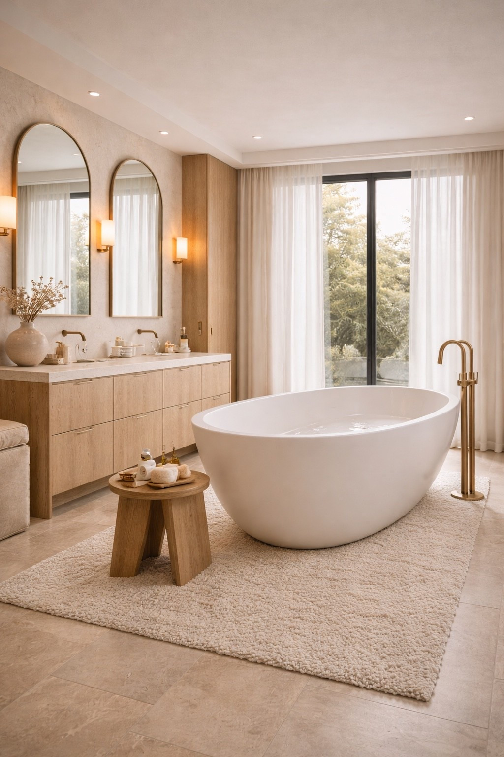 Calm and elegant modern spa bathroom featuring a freestanding bathtub, warm wood vanity and soft neutral tones. This serene space blends minimal design with cozy textures, creating a relaxing, hotel-inspired bathroom perfect for everyday luxury and self-care rituals. Save this for modern bathroom inspiration.
#bathroominspo
#spabathroom
#modernbathroom
#neutralinterior
#cozyhome
#luxurybathroom
#interiorinspiration
#modernhome
#homedecorideas
#minimalinterior
#warmneutrals
#ltkhome
