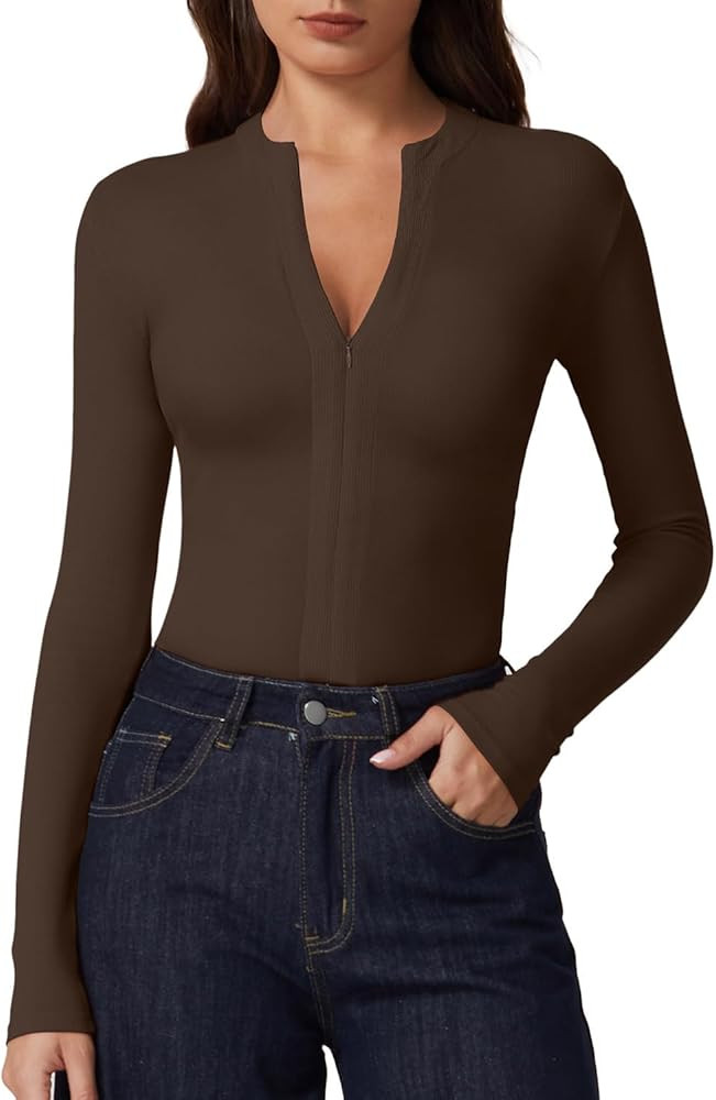 QINSEN Long Sleeve Shirts for Women V Neck Half Zipper Ribbed Knit Going Out Tops Full Length Bas... | Amazon (US)