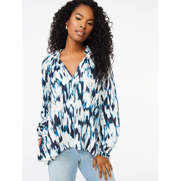 Scoop Women’s Woven Split Neck Top with Tie Neck | Walmart (US)