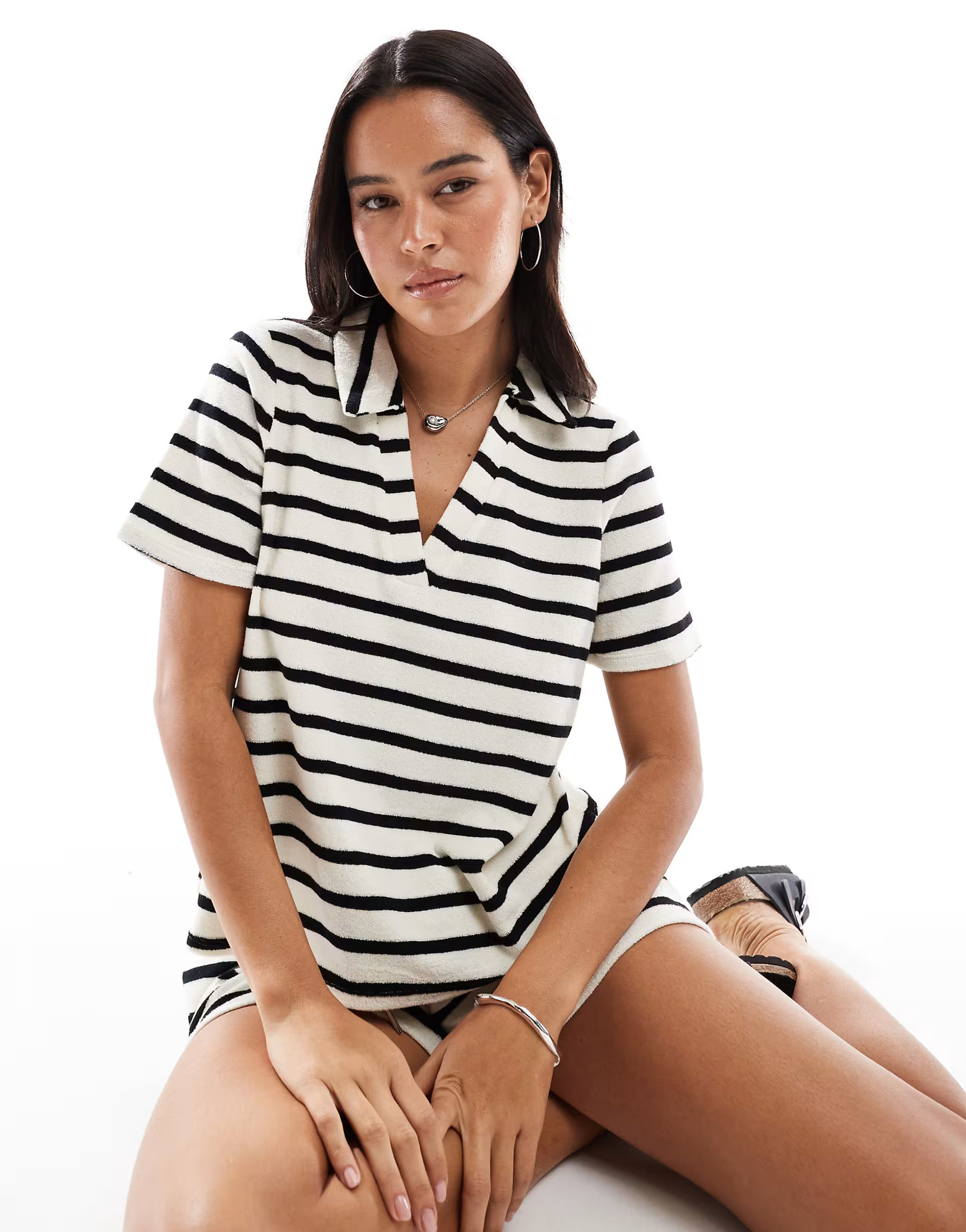 Vero Moda towelling polo t-shirt co-ord in mono stripe | ASOS (Global)