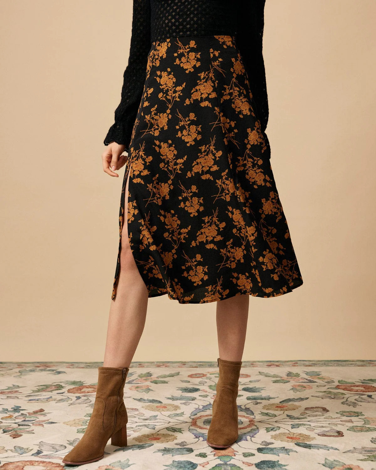 The Floral Slit High Waisted A-line Skirt - Floral Print A Line High Waisted Skirts - Black - Bot... | rihoas.com