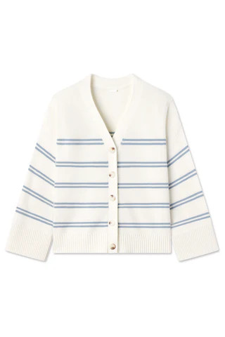 Nora Cotton Cardigan in Ivory Dusty Blue Stripe | Lake Pajamas