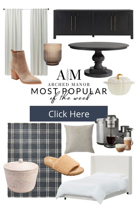 Weekly favorites! Round table, plaid rug, slippers, curtains, coffee maker, media cabinet, upholstered bed, white bed, Wayfair, target, world market 

#LTKsalealert #LTKfamily #LTKhome