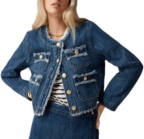 Ladyful Denim Jacket for Women Cropped Frayed Collarless Button Down Long Sleeve Jean Jacket Coat... | Amazon (US)
