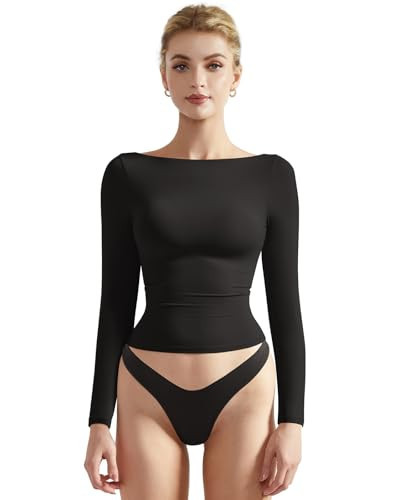 SUUKSESS Women Crew Neck Long Sleeve T Shirts Double Lined Tight Fitted Crop Top (Black,M) | Amazon (US)