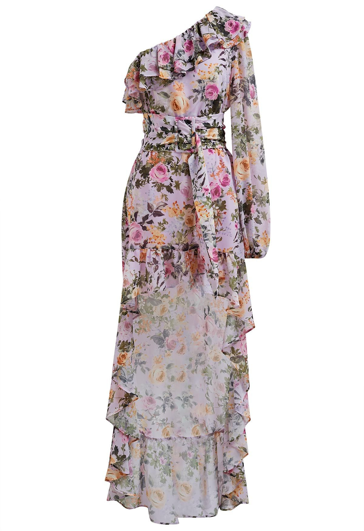Floral One-Shoulder Ruffle Hi-Lo Maxi Dress | Chicwish