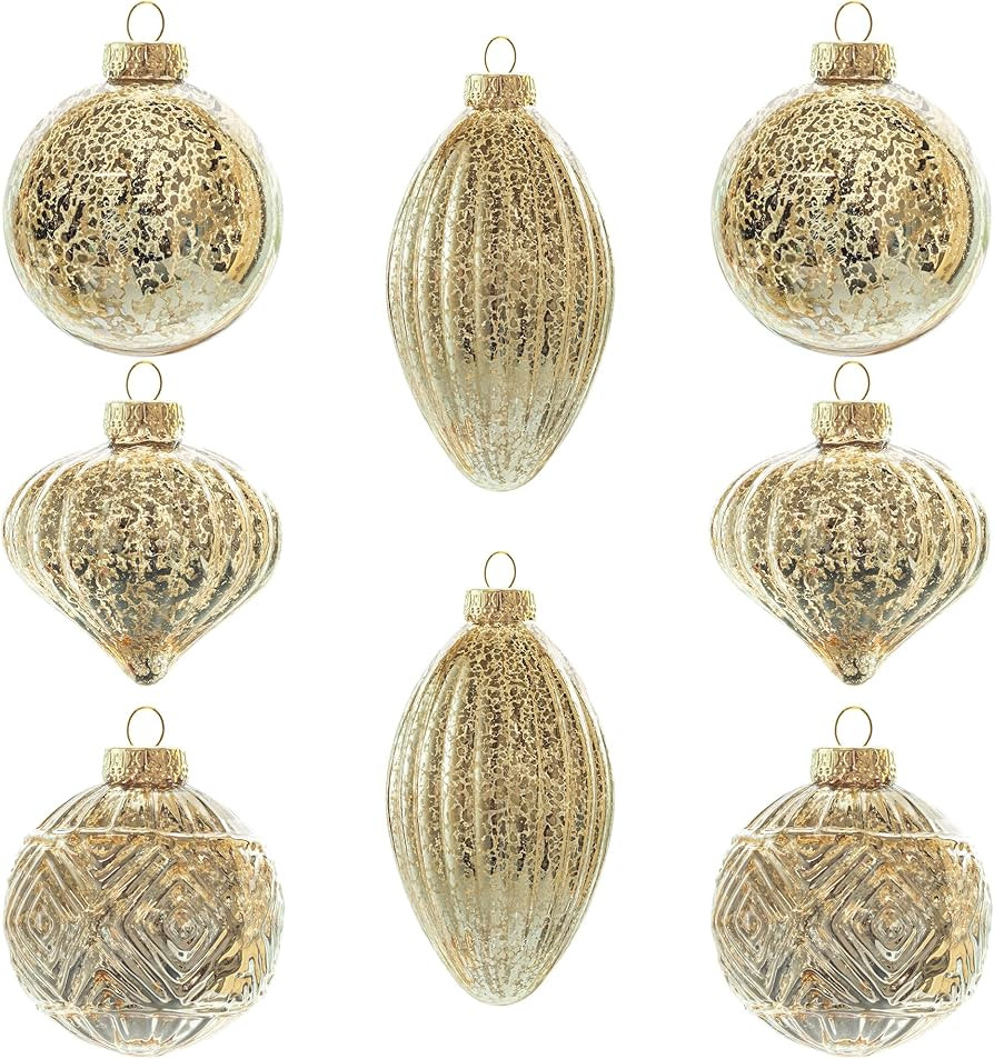 KI Store Mercury Glass Christmas Ornaments Set of 8 Champagne Gold Hanging Christmas Balls Finial... | Amazon (US)