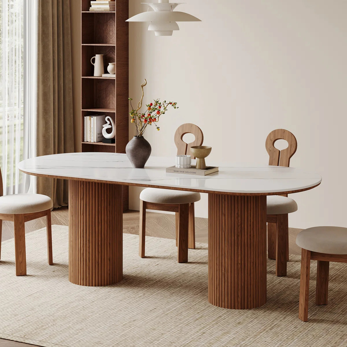 70.8” Stone Top Solid Wood Base Oval Modern Dining Table,Kitchen & Dining Room Tables,Rectangul... | Wayfair North America