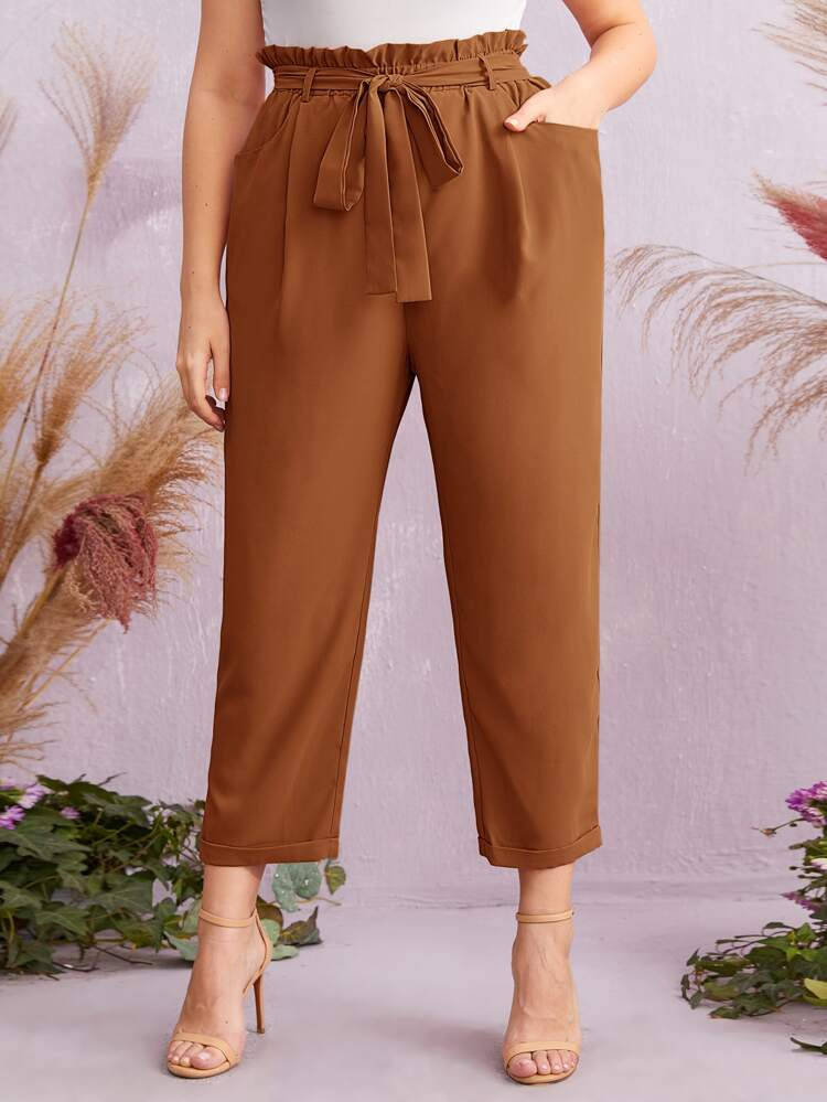 SHEIN Plus Paperbag Waist Self Belted Rolled Hem Pants | SHEIN