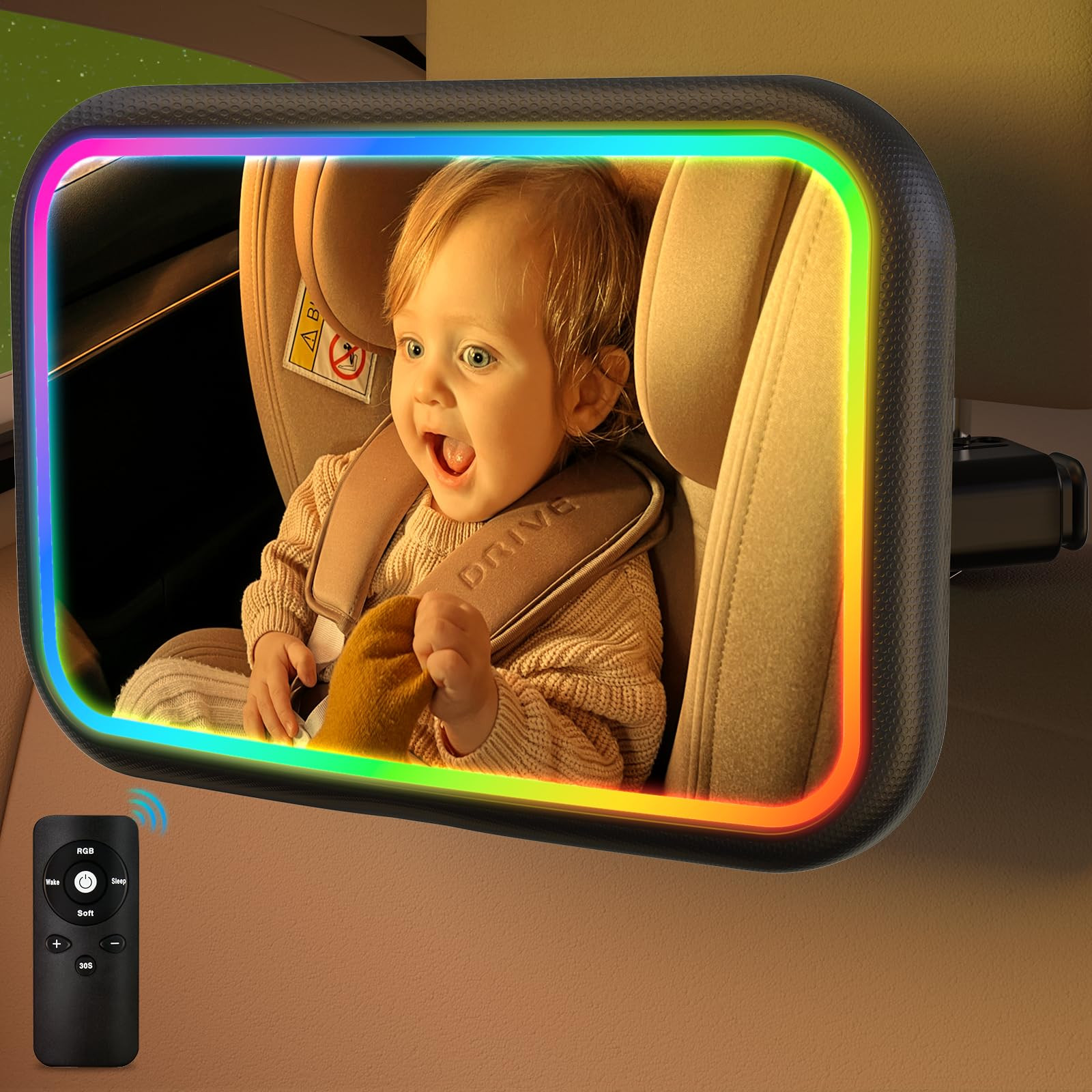 Baby Car Mirror with Light, 7 RGB Light Rear Facing Baby Car Seat Mirror with Remote Control Rechargeable 360° Rotation Hook Clip Design Wide View Shatterproof | Amazon (US)