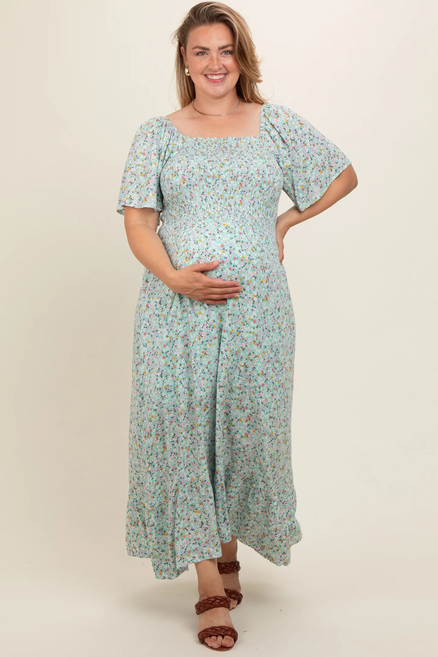 Mint Floral Smocked Plus Maternity Maxi Dress | PinkBlush Maternity