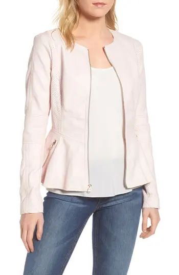 Women's Guess Perforated Peplum Hem Faux Leather Jacket, Size Small - Pink | Nordstrom