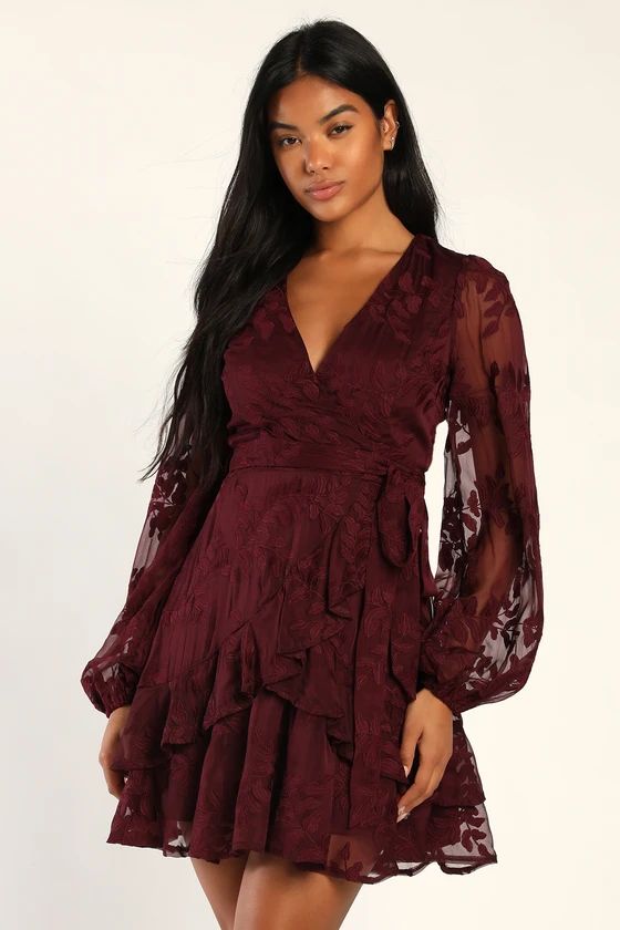 Inclined to Romance Burgundy Floral Embroidered Mini Dress | Lulus (US)