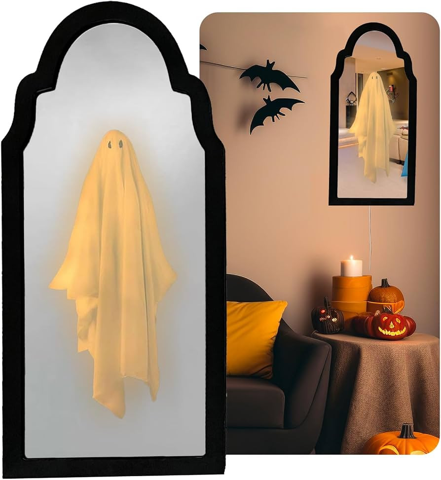 2026 Halloween Ghost Mirror with Wood Flame \u201319.7"X9.4" Hologram Spooky Mirror,Halloween Dec... | Amazon (US)