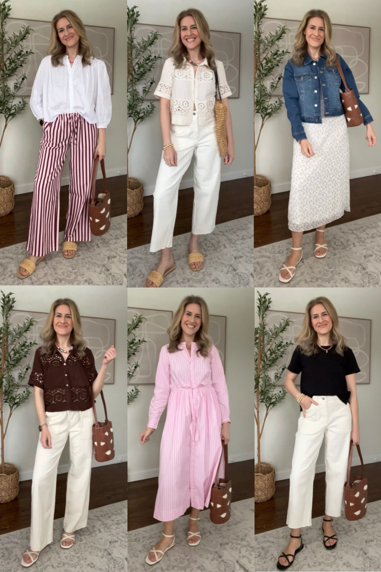 Walmart spring outfits ideas! I sized up one size to a medium in the white blouse, crochet tops, stripe pants, denim jacket, and floral dress. True to size small in the rest. True size 6 in the white barrel jeans and pull-on drawstring jeans. #walmartfashion #walmartfinds 