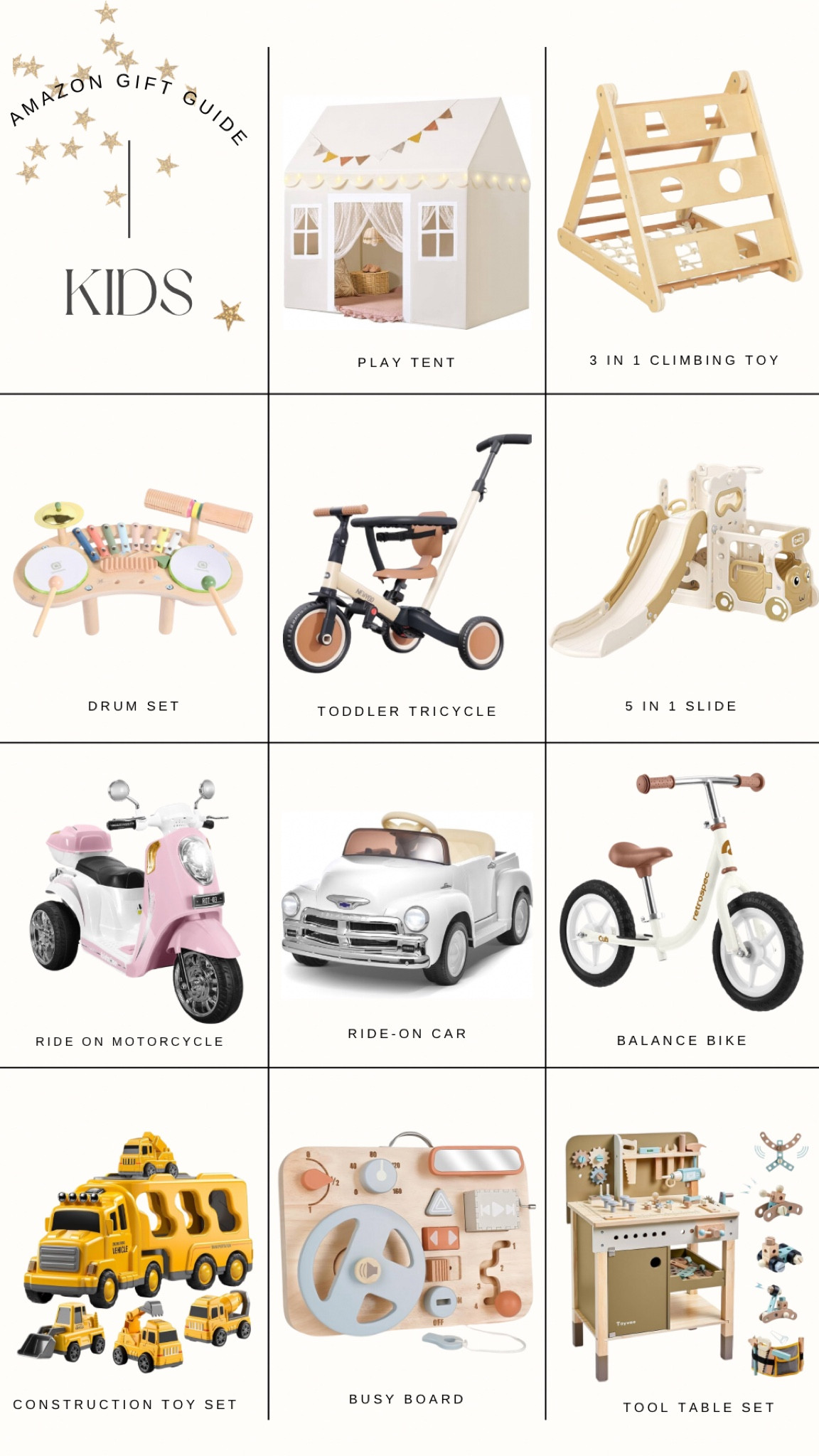 Amazon gift guide kids 

Slide 
Ride on bike 
Drum set 
Tent 
Ride on car 
Toys 
Toddler 
Kids
Boy 
Girl 

#LTKGiftGuide #LTKKids #LTKHoliday