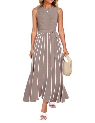 ZESICA Women's Summer Sweater Dress 2026 Sleeveless Crewneck Ribbed Knit Tie Waist Casual A Line ... | Amazon (US)