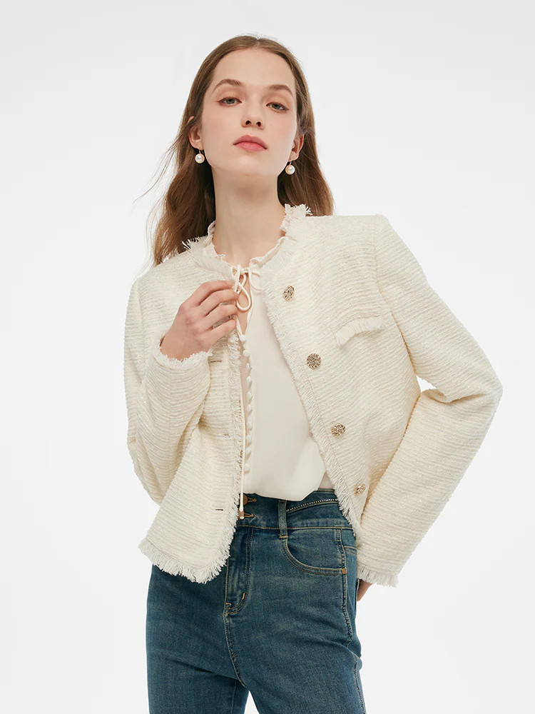 Tweed Collarless Women Crop Jacket | GOELIA