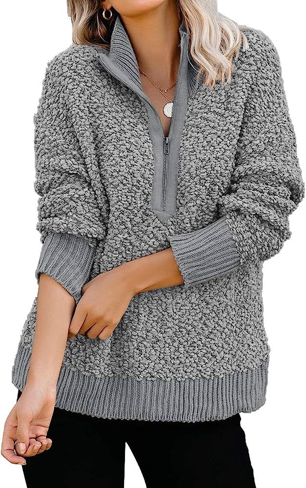 luvamia Women's Casual Fleece Zipper Pullover Sweater Cozy Knit Fuzzy Sweater Outwear Black Size ... | Amazon (US)