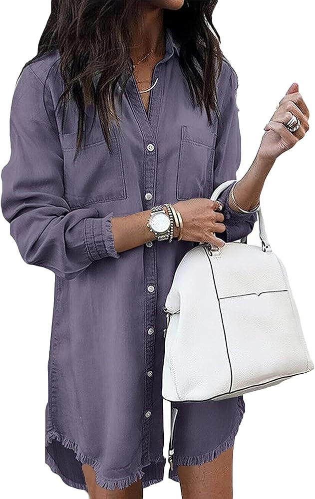 Zilcremo Women Denim Shirt Dresses Long Sleeve Distressed Jean Dress Button Down Casual Tunic Top | Amazon (US)