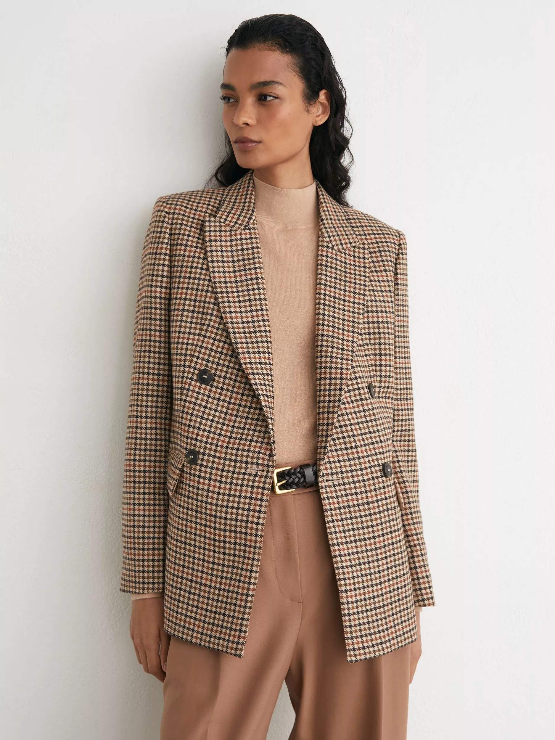 Reiss Petite Willow Pure Wool Check Double Breasted Coat, Neutral/Multi | John Lewis (UK)
