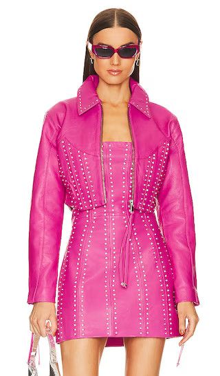 Castor Leather Jacket in Neon Pink & Crystal | Hot Pink Leather Jacket | Festival Jacket | Revolve Clothing (Global)
