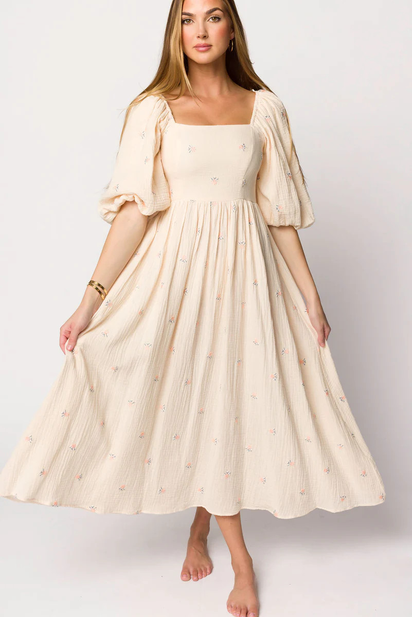 Natalie Embroidered Floral Midi Dress in Cream | Worth Collective