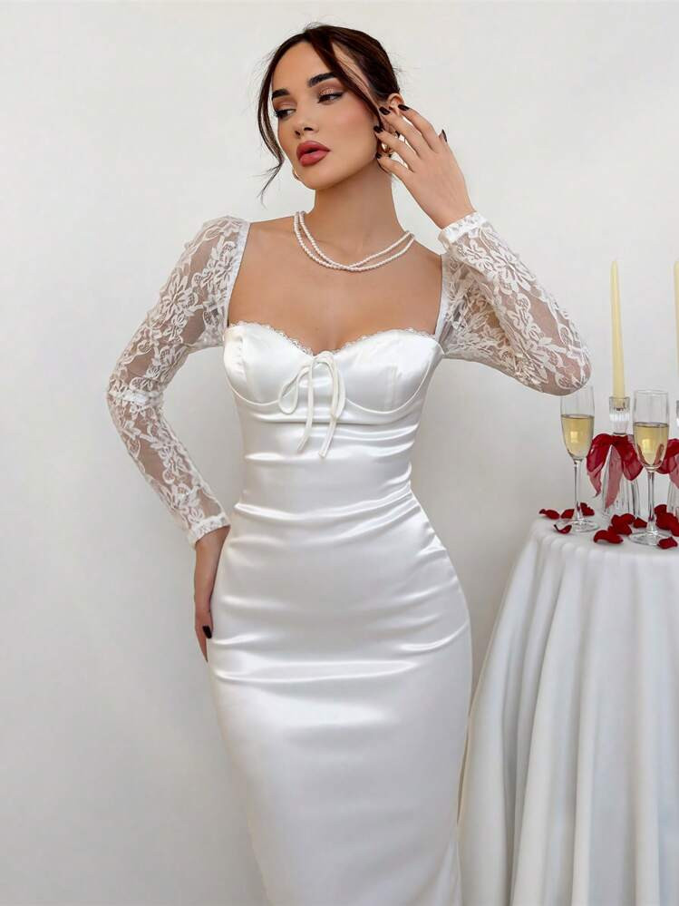 Aloruh Women's Sexy And Elegant Valentine's Day Square Neck Heat Shape Neck Lace Splicing See-Through Long Sleeve Bodycon Maxi Party Satin Dress Women White Dress Valentine Day Dress Women White Dress | SHEIN