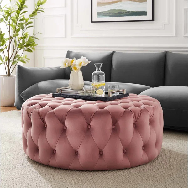 Tufted Button Large Round Performance Velvet Ottoman | Wayfair Professional