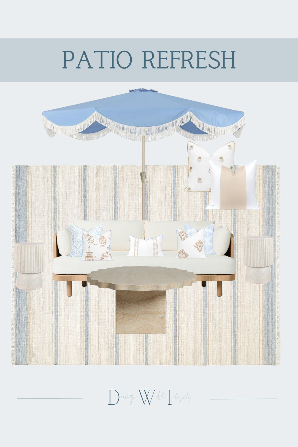 This patio refresh is all about soft coastal color, natural texture, and a few statement details that make the space feel thoughtfully designed. The sky blue fringe umbrella sets the tone, while the striped outdoor rug, sculptural stone inspired coffee table, and neutral seating create a relaxed foundation. I love how the mix of chinoiserie inspired, botanical, and striped pillows adds just enough pattern without overwhelming the serene palette.

Tap through to shop the selections and recreate this elevated outdoor living look at home.

#OutdoorLiving #PatioDesign #CoastalDecor

patio refresh, outdoor living, coastal patio, blue and white decor, outdoor sofa, outdoor pillows, chinoiserie pillows, blue outdoor umbrella, fringe patio umbrella, striped outdoor rug, outdoor coffee table, neutral patio furniture, patio styling, backyard inspiration, shop the look 

 #LTKSeasonal #LTKHome