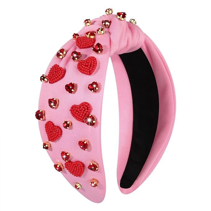 boderier Valentines Day Headband Beaded Red Pink Heart Headband Jeweled Crystal Knotted Headband ... | Amazon (US)