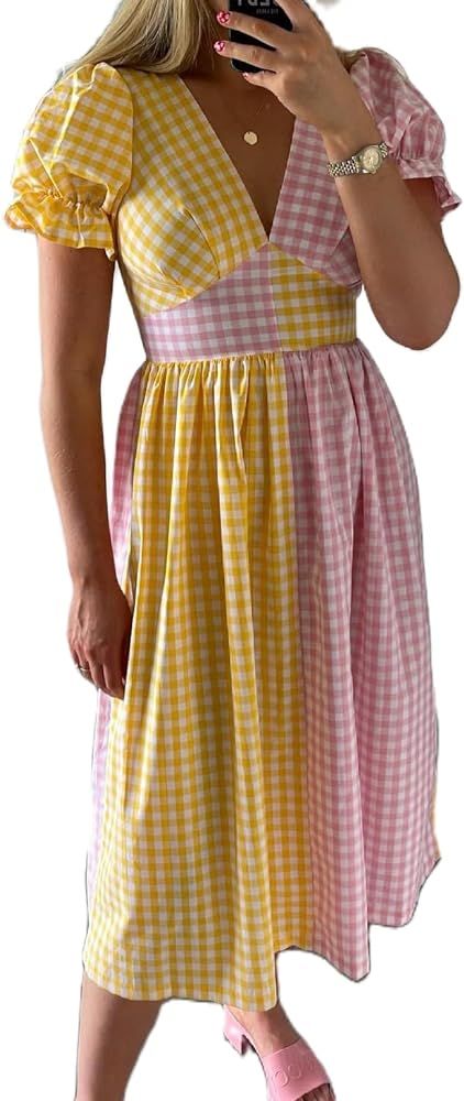 Women Gingham Short Puff Sleeve Midi Dress Summer Plaid Square Neck Dress Smocked Ruffle Flowy Be... | Amazon (US)