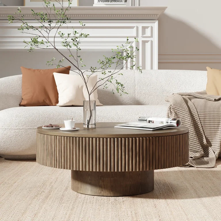 Gelloan 31.5" Round Fluted Coffee Table, Modern Wood Circle Coffee Table, Veneer Handcrafted Reli... | Walmart (US)