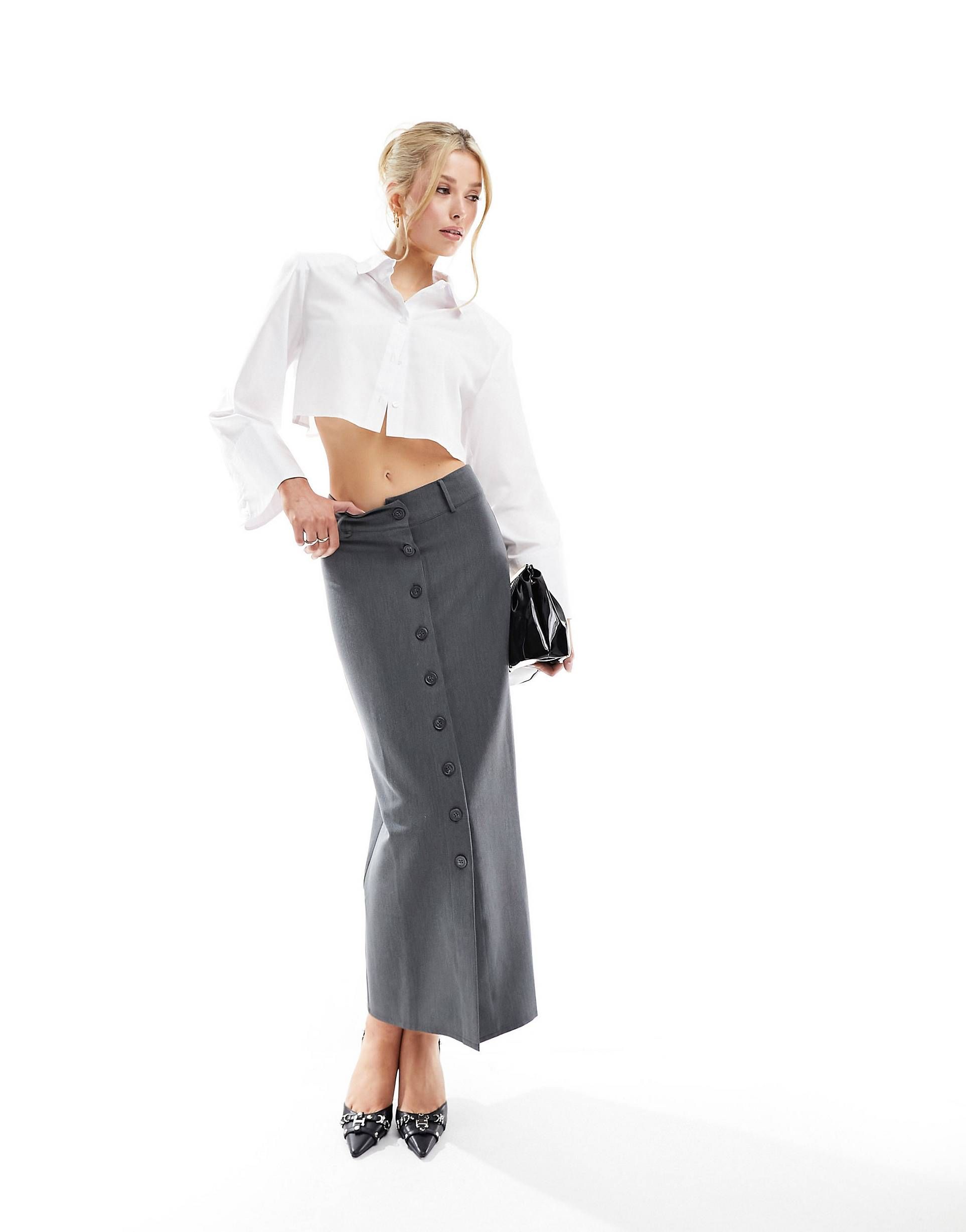ASOS DESIGN button through pencil maxi skirt in dark grey | ASOS (Global)