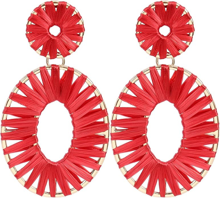 Raffia Tassel Hoop Drop Earrings Handmade Fashion Statement Jewelry for Women | Amazon (US)