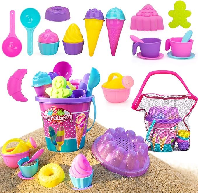 NextX Kids Beach Sand Toys, 24 Pcs Sand Tools with Buckets, Mesh Bag, Ice Cream Mold Set for Todd... | Amazon (US)