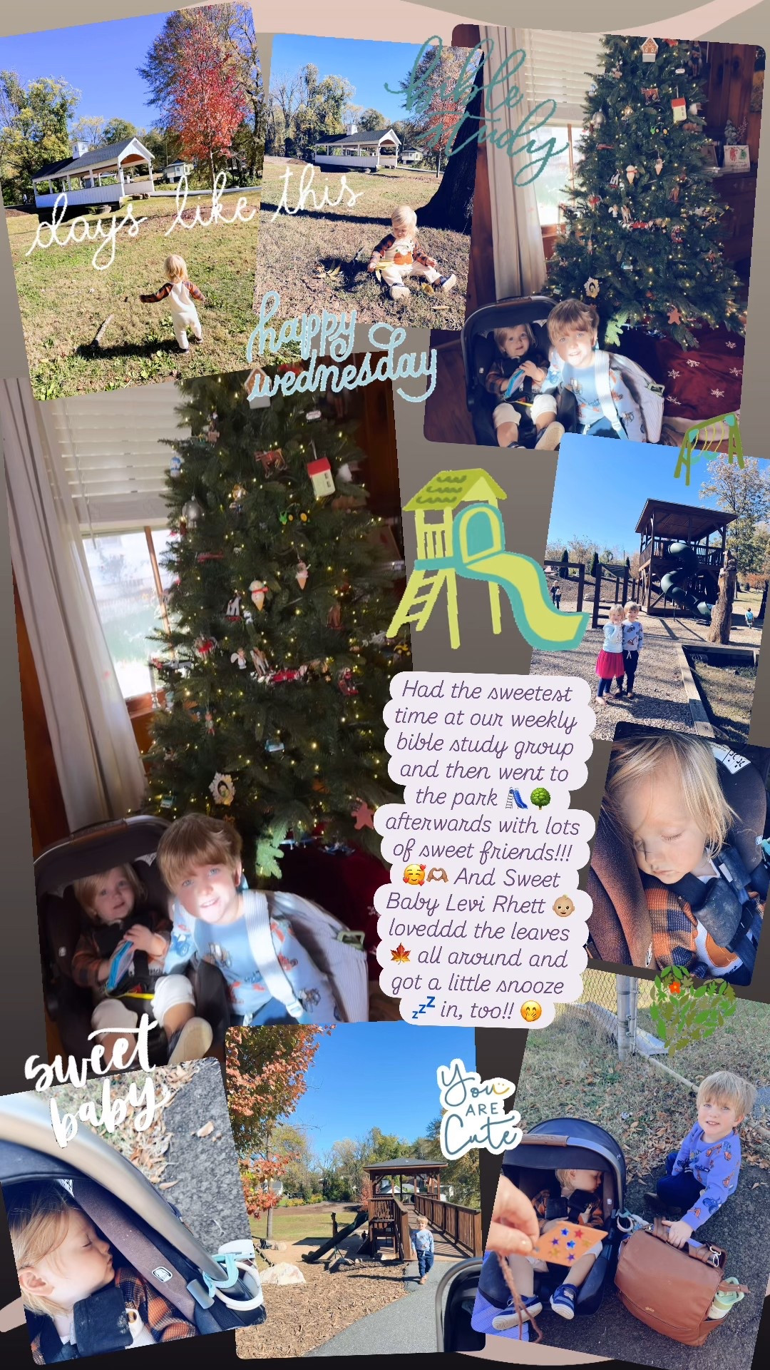 Had the sweetest time at our weekly bible study group and then went to the park 🛝🌳 afterwards with lots of sweet friends!!! 🥰🫶🏽 And Sweet Baby Levi Rhett 👶🏼 loveddd the leaves 🍁 all around and got a little snooze 💤 in, too!! 🤭