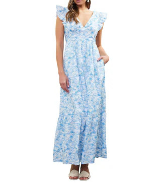 Printed V-Neck Flutter Sleeve Tiered Maxi Dress | Dillard's