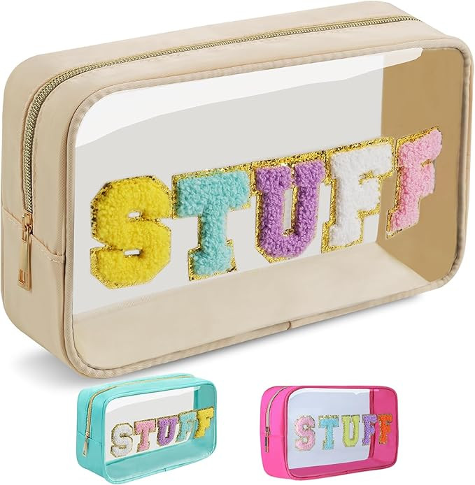 College Style Chenille Patch Zipper Transparent Makeup Bag, Portable Beach Travel Skin Care Cosme... | Amazon (US)