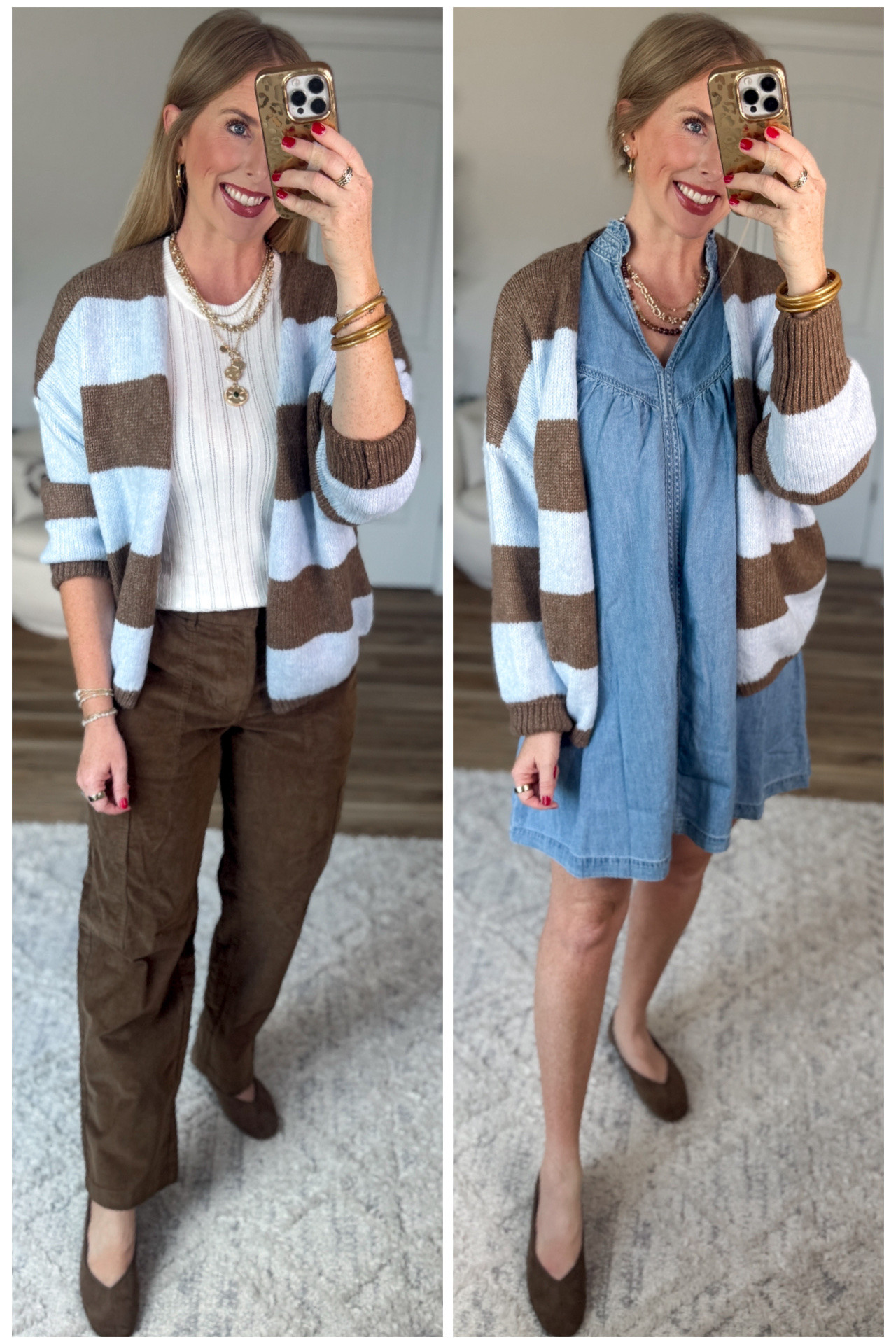 2 ways to wear this brown and blue striped cardigan from Walmart! Under $20