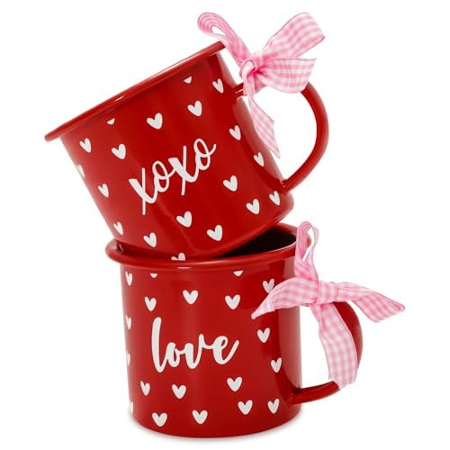 JarThenaAMCS 2Pcs Valentine's Day Coffee Mugs 12 Oz Red White Love Heart Enamel Cup with Handle Cute Drinking Mugs for Wedding Anniversary Party Home Dinner | Amazon (US)