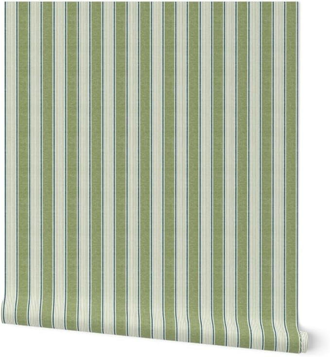 Peel & Stick Wallpaper Swatch - French Ticking Stripe Vertical Green Beige Vintage Faux Texture C... | Amazon (US)