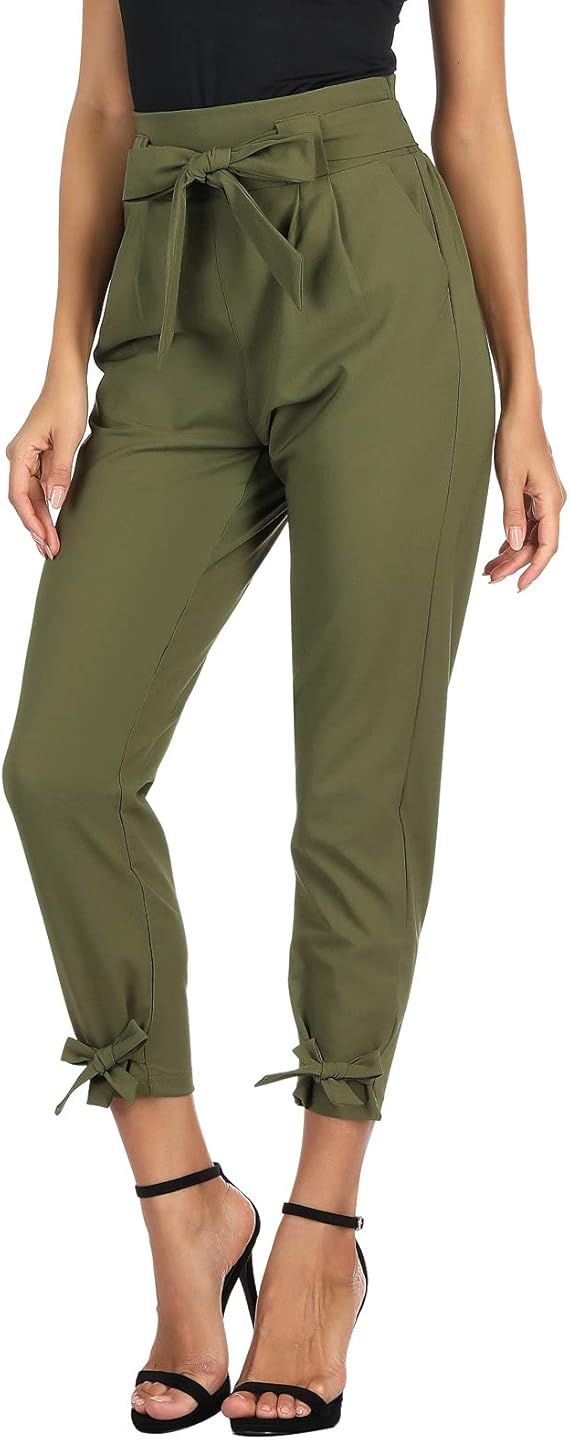 LIUMILAC Women Casual Cropped Pants Solid High Waist Dressy Pants with Pockets Bow-Knot | Amazon (US)