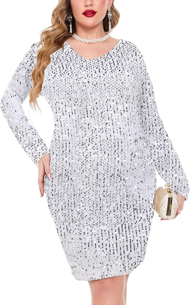 IN'VOLAND Womens Sequin Dress Plus Size V Neck Party Cocktail Dresses | Amazon (US)