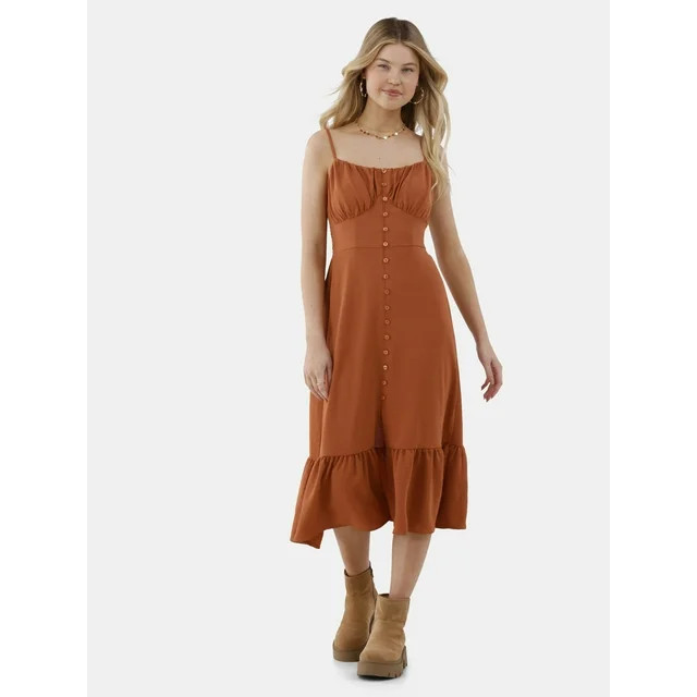 No Boundaries Button Front Flounce Midi Dress, Women’s | Walmart (US)