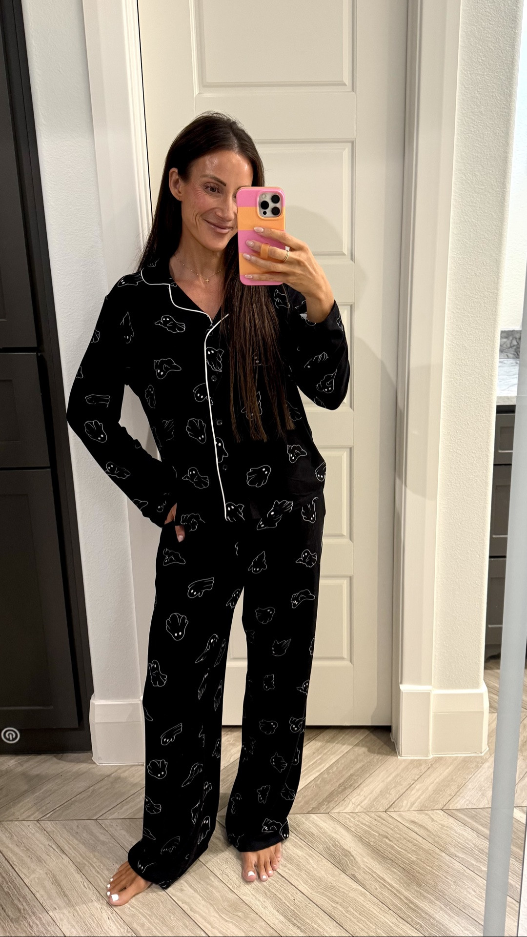 Target Halloween pjs that are SO comfy! Feels like bamboo! Fit is a tad oversized, which I love, wearing small. Ghost pjs