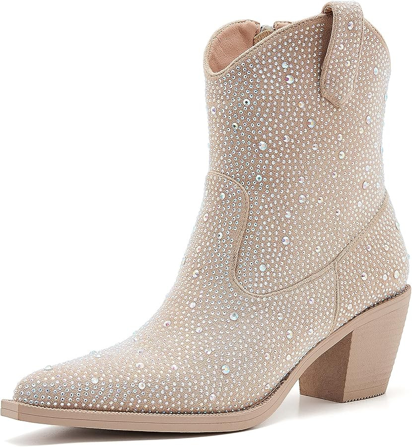 Women's Rhinestone Cowboy Boots Thick Root High Heel Pointed Toe Sparkling Cowgirl Boots | Amazon (US)