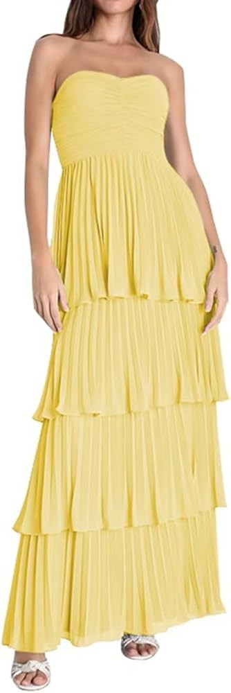 Strapless Prom Dresses for Women Ruffle Tiered Chiffon Formal Evening Gown Bridesmaid Dress ZX21 | Amazon (US)