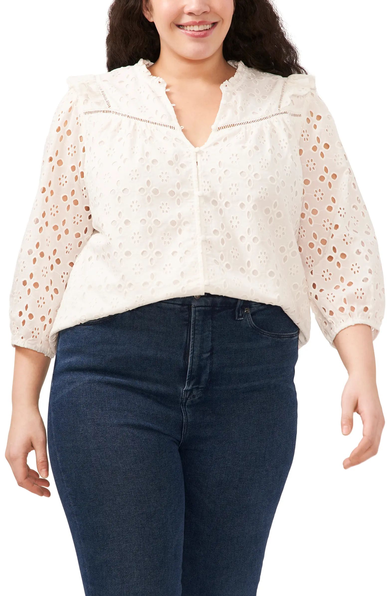 Floral eyelet embroidery adorns this airy cotton blouse featuring a front button-and-loop closure... | Nordstrom